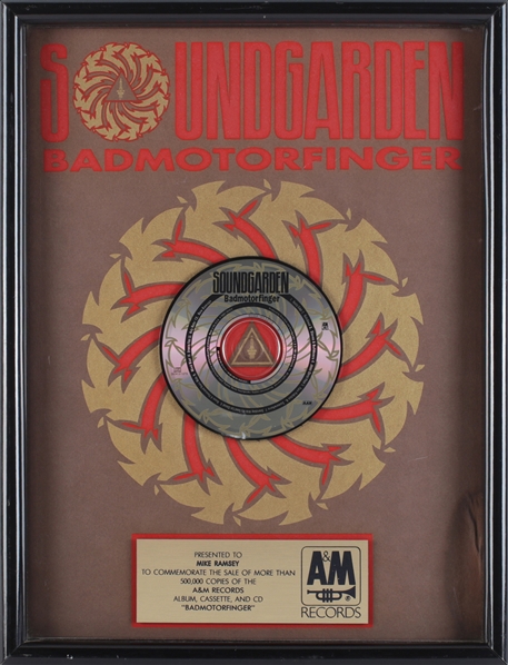 Soundgarden 1991 Badmotorfinger In-House Gold Album Award Presented to Mike Ramsey