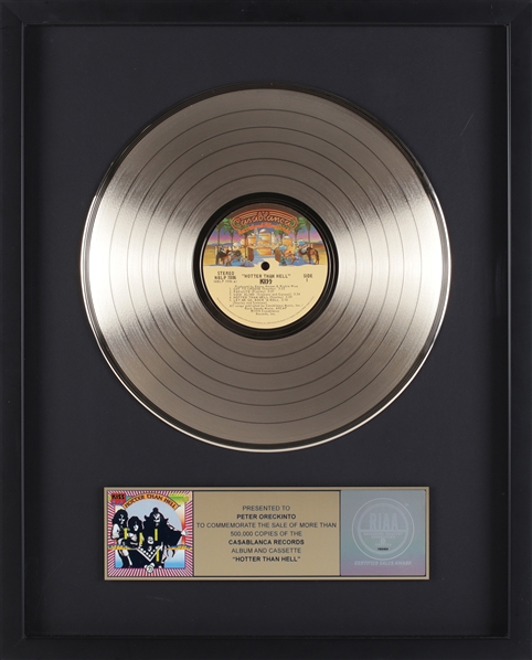 KISS 1974 Hotter Than Hell RIAA Gold Record Award Presented to Peter ‘Moose’ Oreckinto With COA