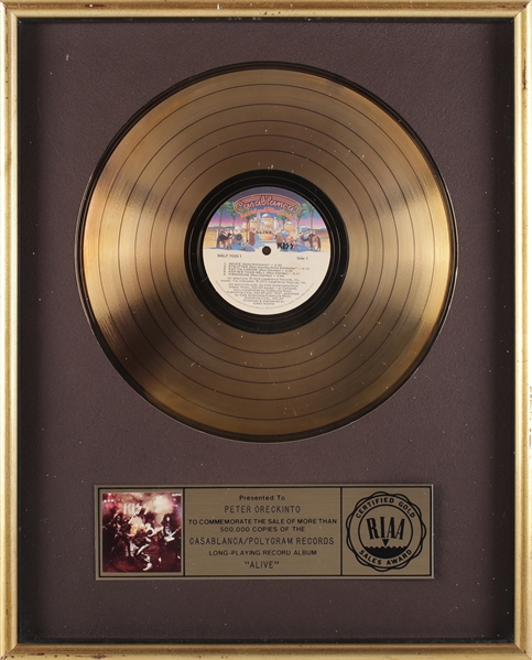 KISS Alive! 1975 RIAA Gold Record Award Presented to Peter ‘Moose’ Oreckinto With COA