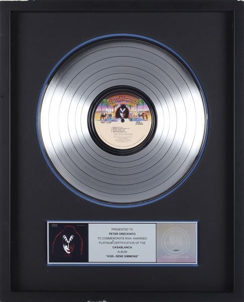 KISS 1978 Gene Simmons Solo Album RIAA Platinum Record Award Presented to Peter ‘Moose’ Oreckinto With COA