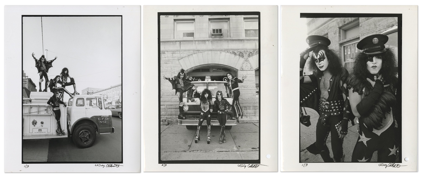 KISS 1975 Lot of Three BW 8 x 10 Prints of KISS With The Cadillac Fire Department