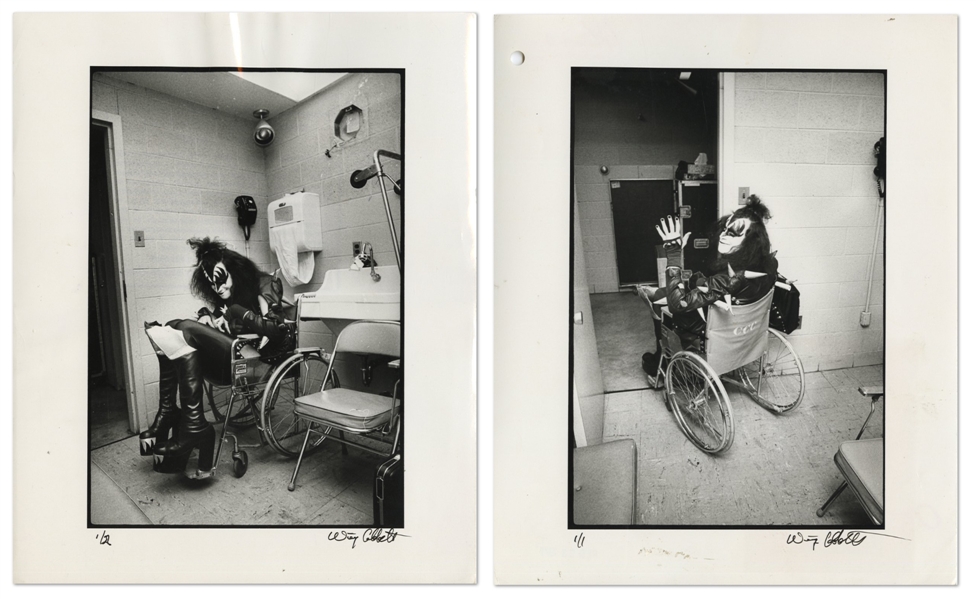 KISS 1976 Lot of 2 BW 8 x 10 Prints of Gene Simmons Backstage At Cobo Hall Detroit In Wheelchair