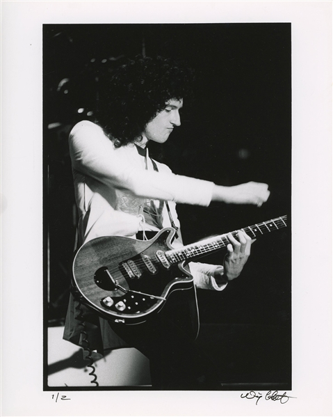 Queen 1977 Single BW 8 x 10 Print of Brian May With Guitar in Mid Strum
