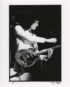 Queen 1977 Single BW 8 x 10 Print of Brian May With Guitar in Mid Strum